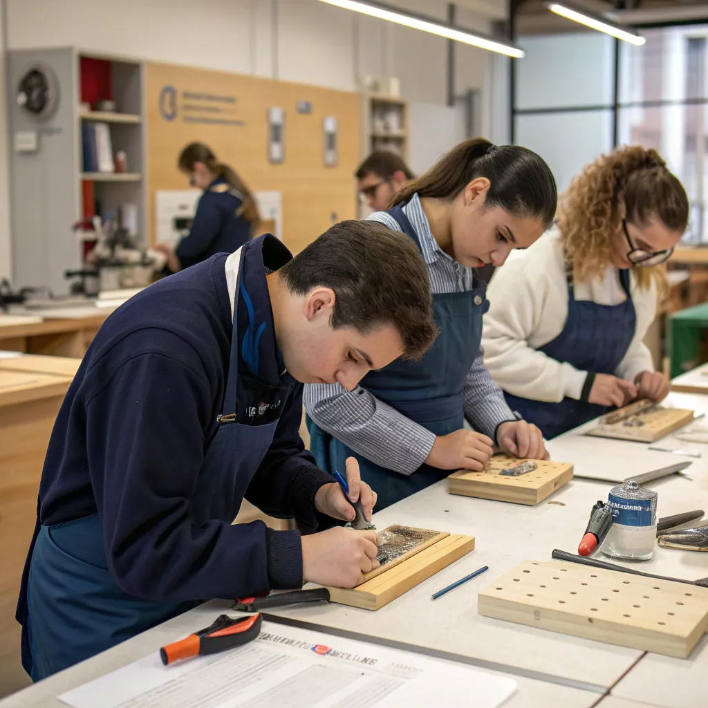 Hands-on training at AELVONEX with students learning fine craftsmanship